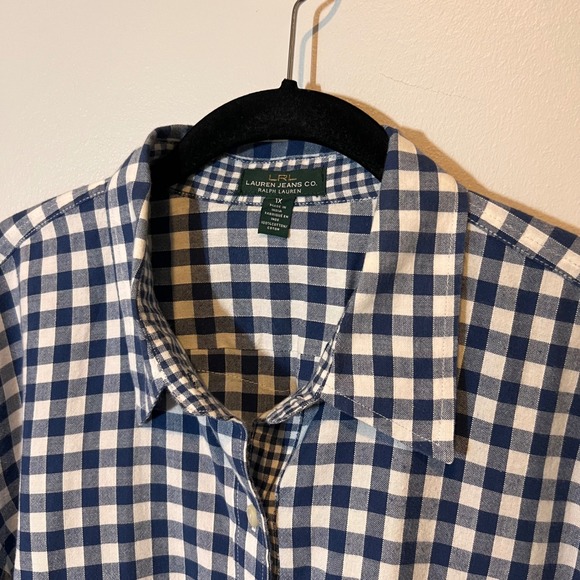 LRL Lauren Jeans Co Womens Navy White Gingham Button‎ Down Collared Shirt 1XL - Picture 3 of 15